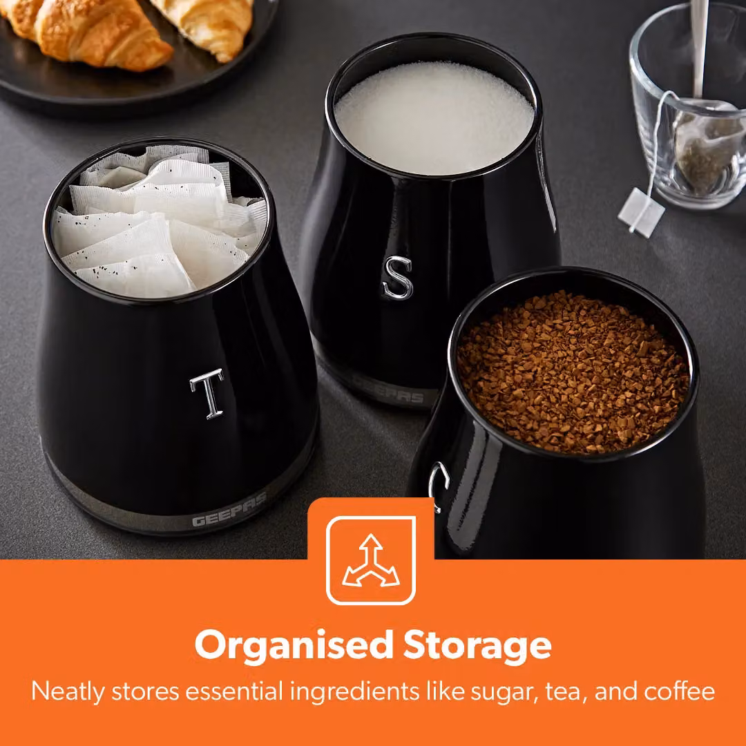 Geepas 3-Piece Airtight Tea, Coffee and Sugar Canister Set in Black Metal with 1.4 l Capacity – 3