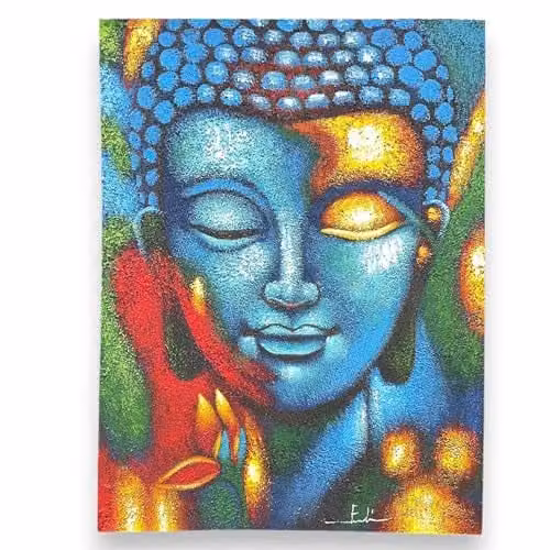 KDMD Buddha Abstract Floral Canvas Painting in Blue and Gold, W: 75 cm, H: 55 cm