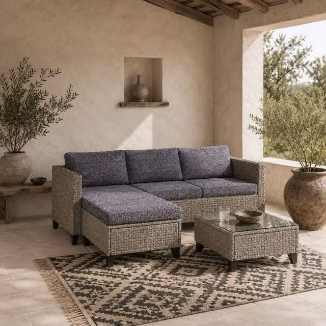 Wyld Haus Vema Dark Grey L Shaped Outdoor Rattan Corner Sofa Set with Ottomans, Coffee Table and Upholstered Cushions