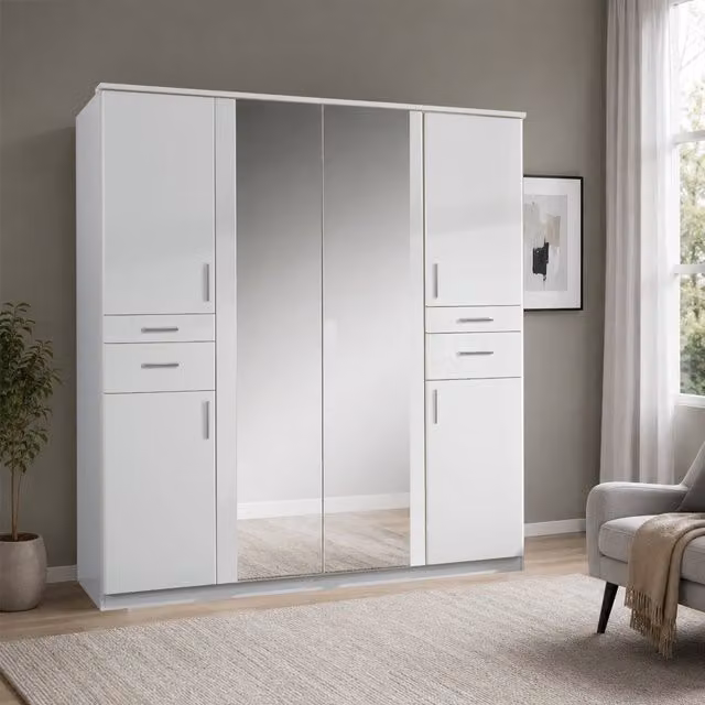 KDMD Koblenz Matt White 4 Door Wardrobe with Mirror, Width: 180 cm