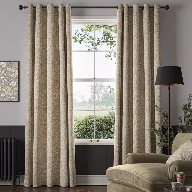 William Morris Bower Made To Measure Blackout Floral Cotton Curtains in Barley Beige and Grey