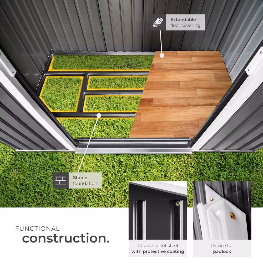 tectake Steel Gable Roof Shed with Sliding Doors in Anthracite, W/D/H: 214 x 130 x 185 cm – 4