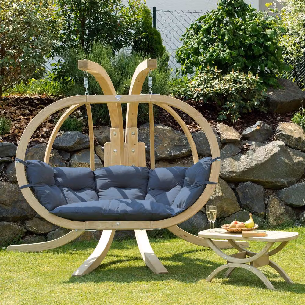 Amazonas Globo Royal Double Hanging Egg Chair Set with Wooden Stand in Oliva, 2 Person Capacity – 2