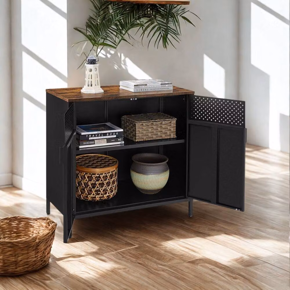 Pirlo Plush Industrial Multipurpose Floor Sideboard Buffet Cabinet in Brown and Black – 3