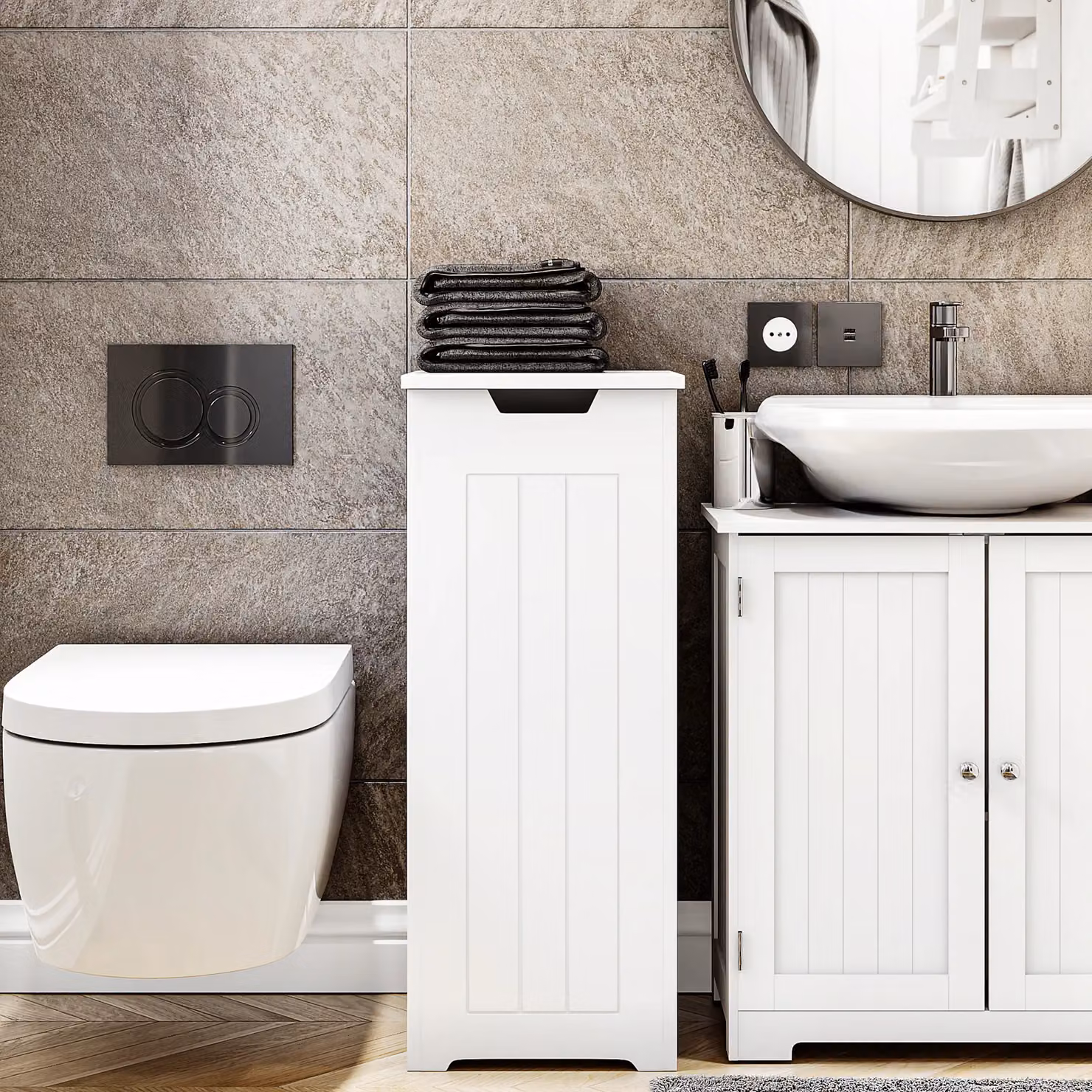 Home Discount Bath Vida Laundry Hamper, Freestanding Compact White Bathroom Storage Unit with Lid – 2