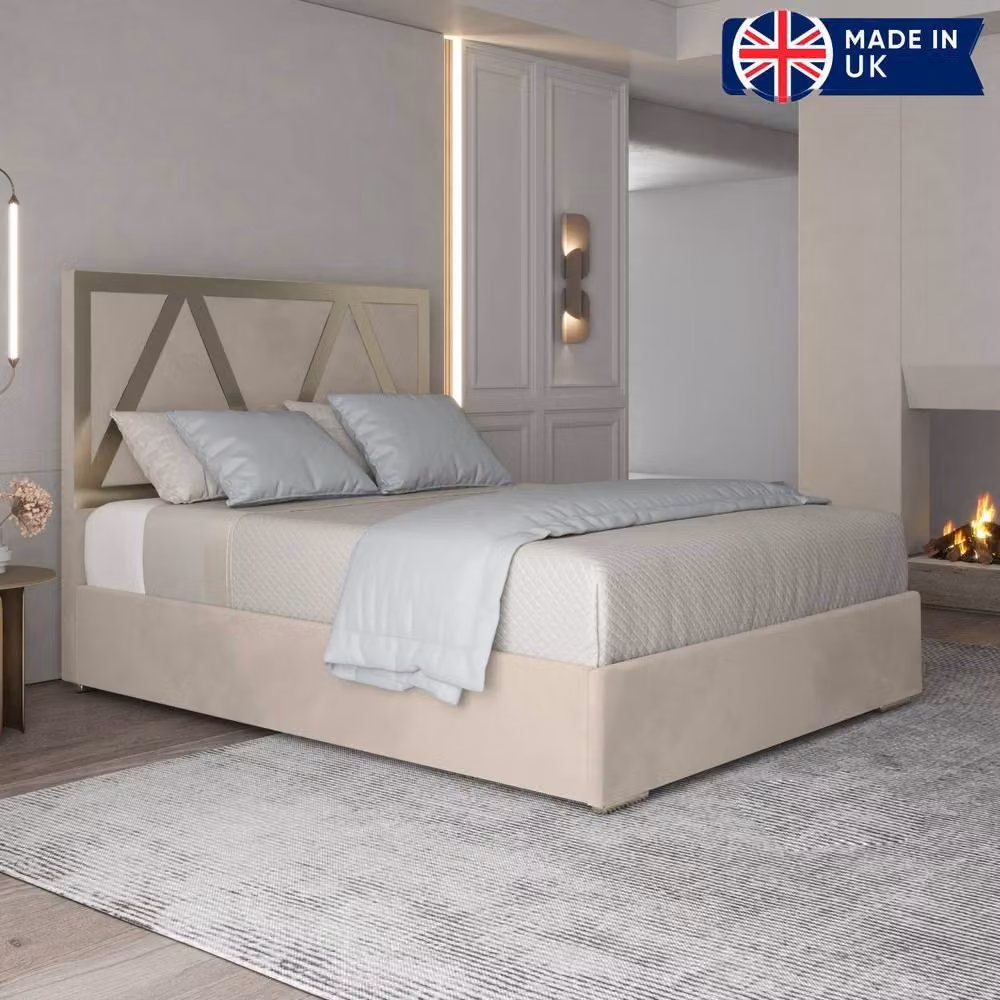 KDMD Exbourne Upholstered Velvet Designer Bed Frame in Beige with Metal Details, Size: Double (140 x 200 cm) – 2