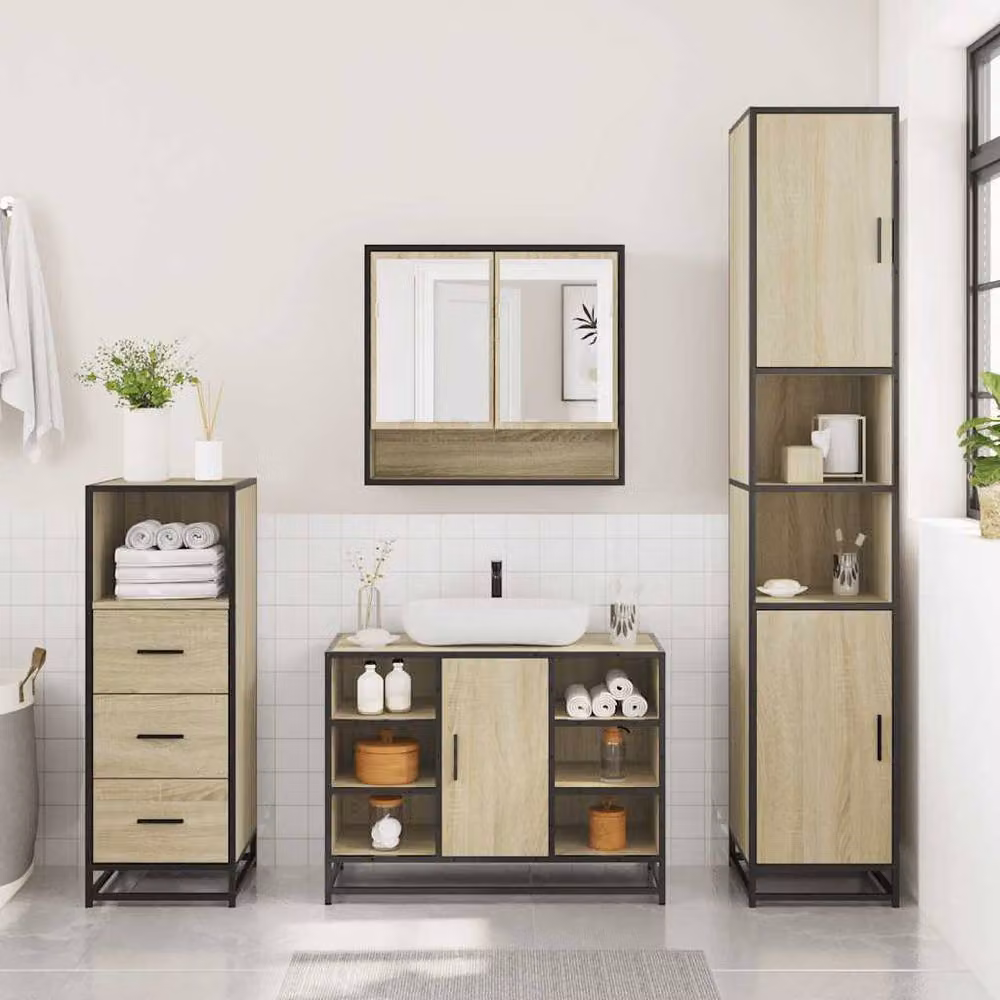 Berkfield Home 3 Piece Industrial Bathroom Furniture Set in Tan Sonoma Oak – 2