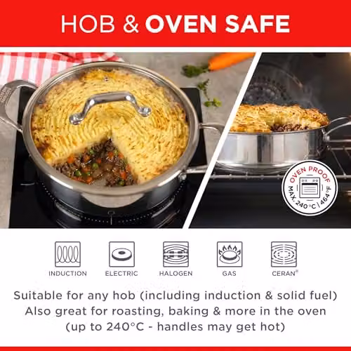 Kuhn Rikon Allround Stainless Steel Non-Stick Serving Pan, Silver, 28cm, 5L – 7
