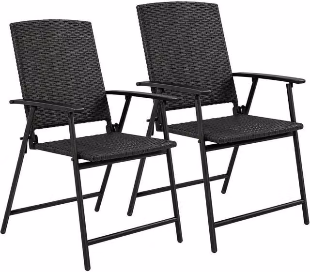 FLAVORA Set of 2 Black Foldable Rattan Chairs for Garden, Balcony or Terrace – 1