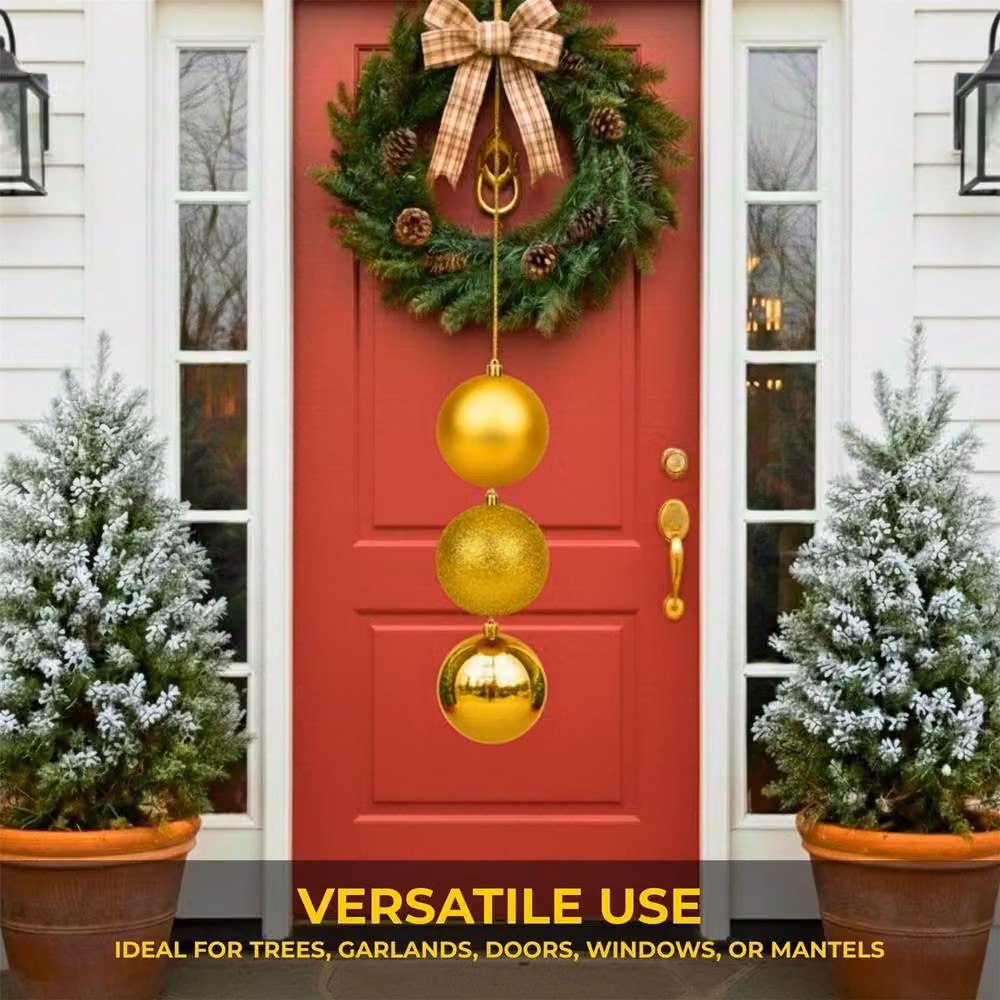 Shatchi Set of 3 Gold Christmas Baubles, 25 cm Diameter, Glossy, Matte and Glitter Finishes – 5