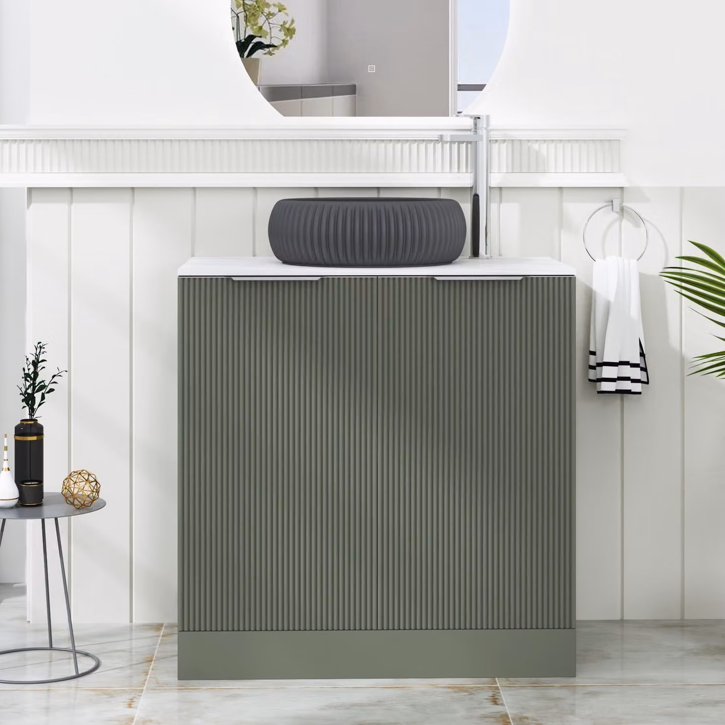 Royal Bathrooms Evora 800mm Sage Green Fluted Floor Standing 2 Door Vanity Unit with Milan Black Stone Basin