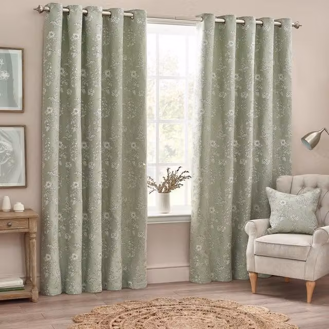 Wylder Nature Sophia Floral Jacquard Ready Made Eyelet Curtains in Sage Green