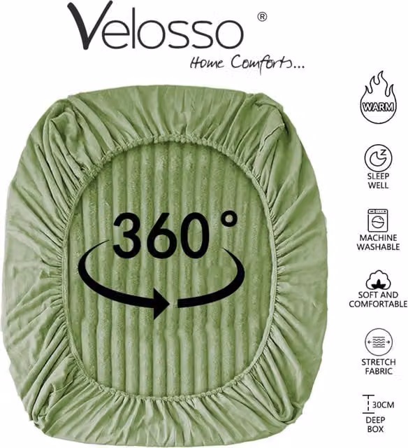 Velosso Plush Supersoft Jumbo Cord Ribbed Fitted Sheet, Olive, 180 x 200 cm