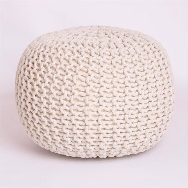 Roseley Knitted Cylindrical Round Pouffe in Beige and White