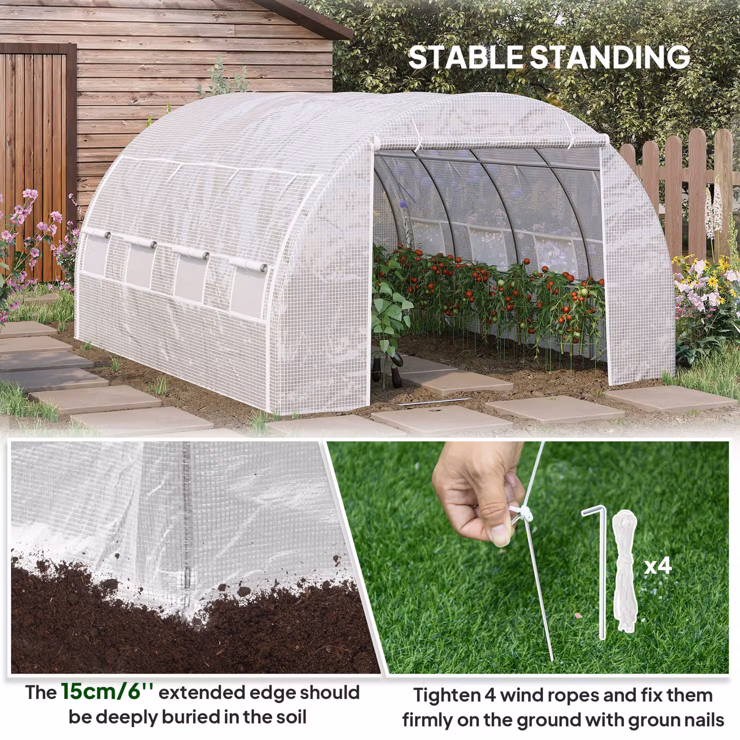 Outsunny White Polytunnel Greenhouse with Galvanised Steel Frame and Vented Door, W: 400 cm, D: 300 cm, H: 200 cm – 4