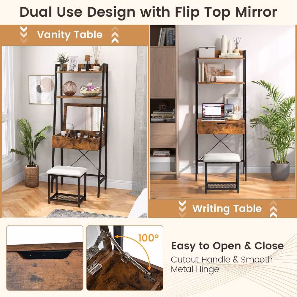 CASART Ladder Dressing Table Set with Stool and Flip-up Mirror in Brown – 7