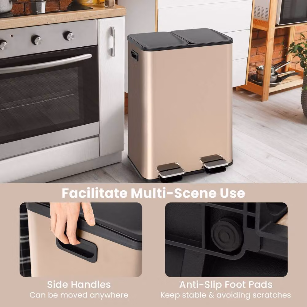 Costway 60L Dual Compartment Pedal Trash Bin with Soft Close and Fingerprint Proof Stainless Steel in Gold – 8