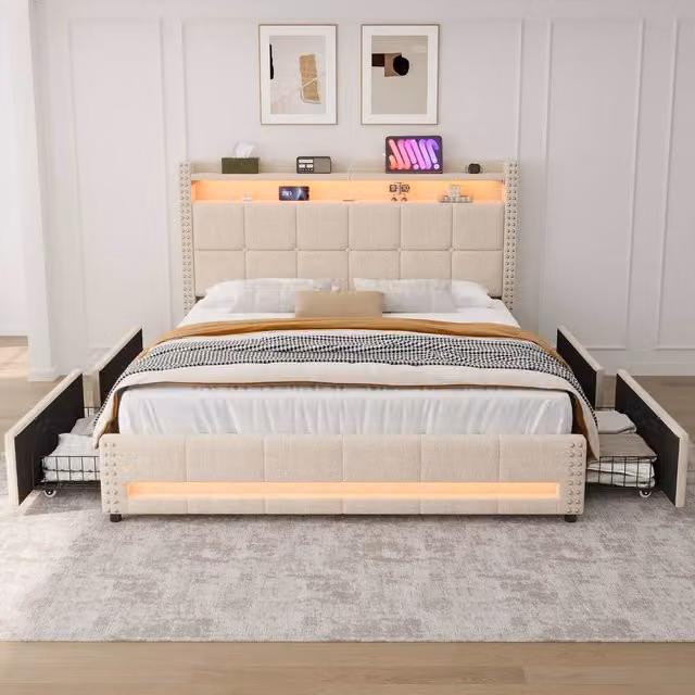 Merax 4ft6 Double Upholstered Bed in Beige with 4 Drawers, LED Lighting and USB Charging Station, W/D/H: 140 x 200 cm