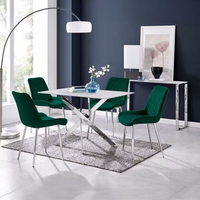 FurnitureboxUK Leonardo White Glass Marble Effect Table with 4 Green Pesaro Chairs