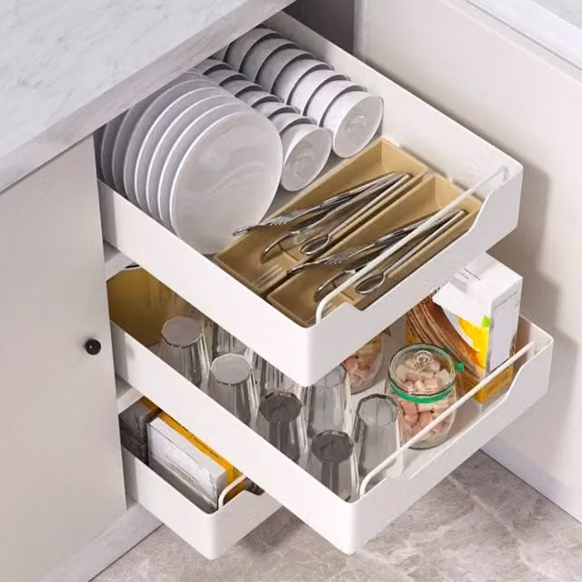 Kelvenix XL White Pull Out Kitchen Cupboard Organiser Drawer Insert W: 43 cm, D: 35 cm, H: 7 cm