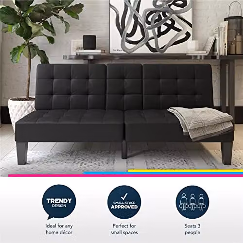 DHP Furniture Adalynn Convertible Sofabed in Black Faux Leather, W/D/H: 182 x 88 x 80 cm – 10