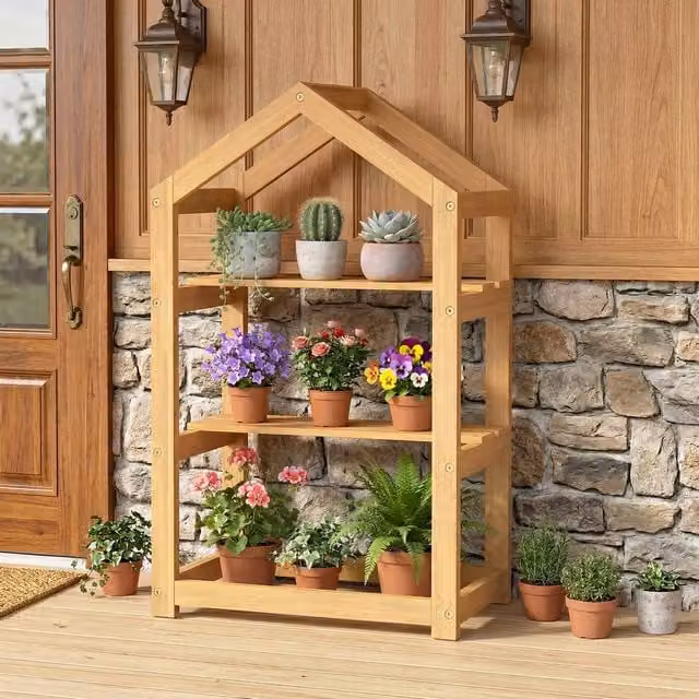 Costway 2-Tier Acacia Wood House-Shaped Corner Plant Stand in Brown or Sand