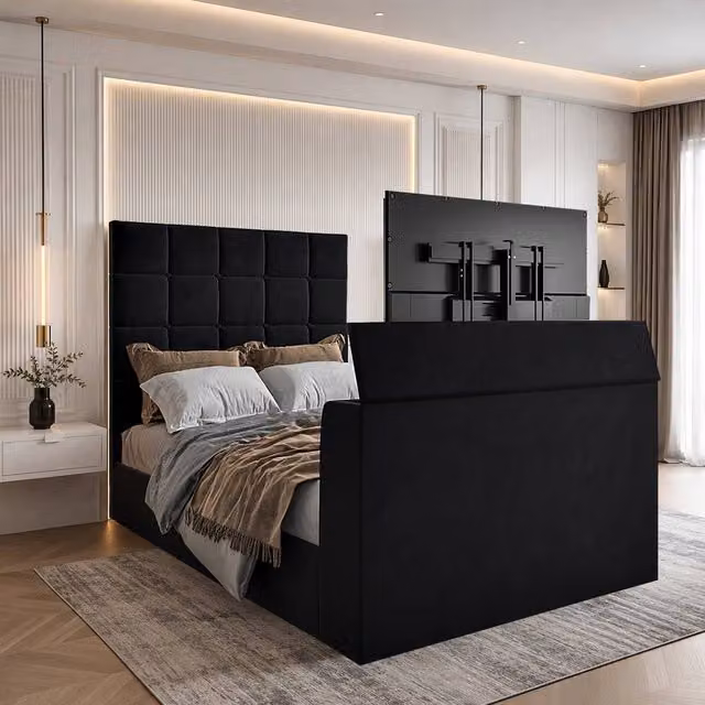 KDMD Allostock Upholstered Black Velvet TV Bed Frame, Single, W: 90 cm, D: 190 cm
