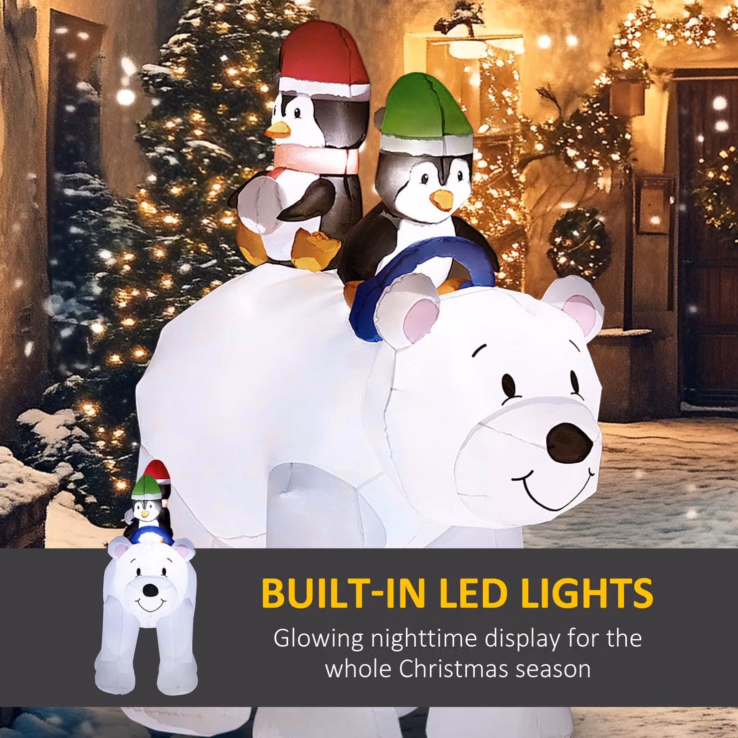 Outsunny 6.4ft Christmas Inflatable Two Penguins Riding on Polar Bear with LED Display, White – 3