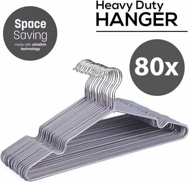 ATEK 80 Pack Grey Metal Clothes Hangers, Heavy Duty Non-Slip Rubber Coated Space Saving Organisers for Coats, Jackets, Shirts and Suits