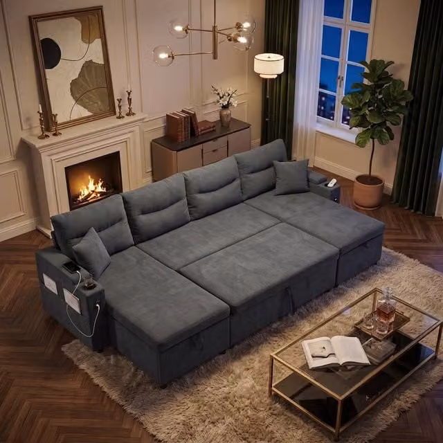 FENCHILIN 4-Seater Grey Linen Upholstered Pull-out Sofa Bed with Dual Storage Chaise Lounges, USB Charging and Cup Holders – 1