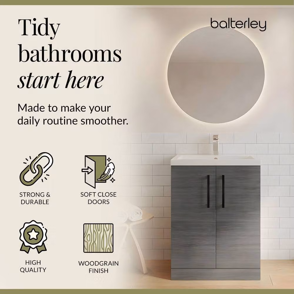 Balterley Modern Freestanding Bathroom Vanity Basin Unit in Wood Grey with Black Handles, W: 60 cm, H: 84 cm – 3