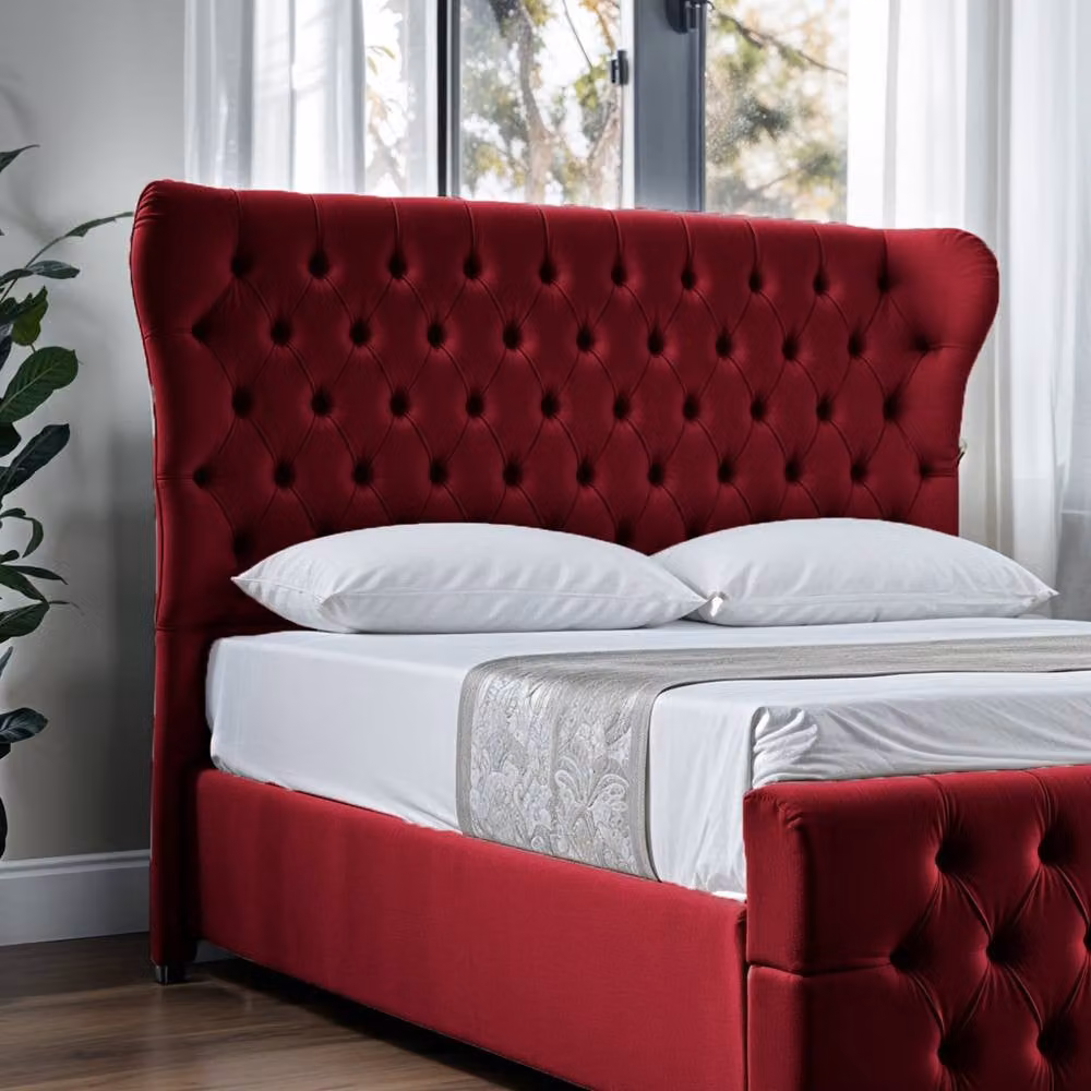 UK Bed Furniture Isabella Ottoman Gas Lift Upholstered Velvet Bed with Wing Headboard in Red, Size: 180 x 200 cm – 3