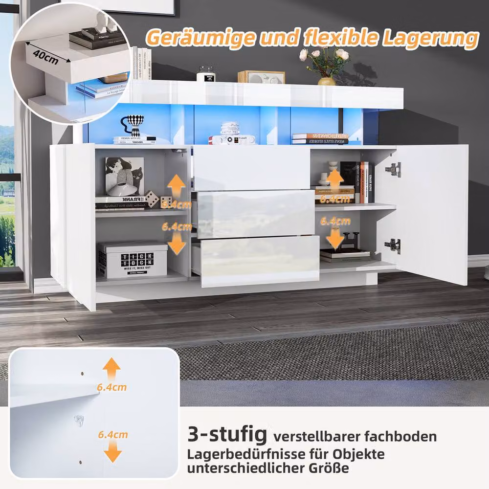 Rolipo White High Gloss Modern Sideboard Buffet Cabinet with Integrated LED Lighting and 3 Drawers – 3