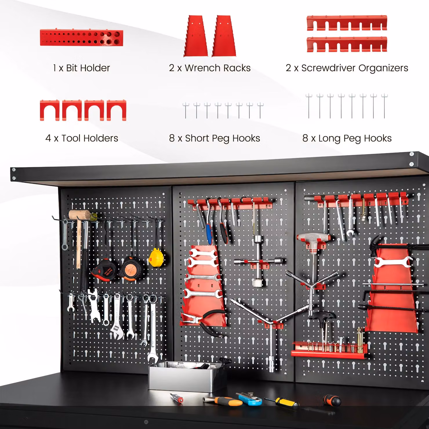 Costway Metal Workbench with Pegboard and Drawers, Black, W: 120 cm, H: 156 cm, D: 61 cm – 3