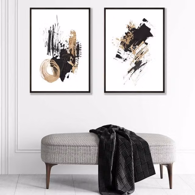 ARTZE Set of 2 Black and Gold Abstract Oil Strokes Wall Art Prints in Black Wood Frames, W: 50 cm, H: 70 cm
