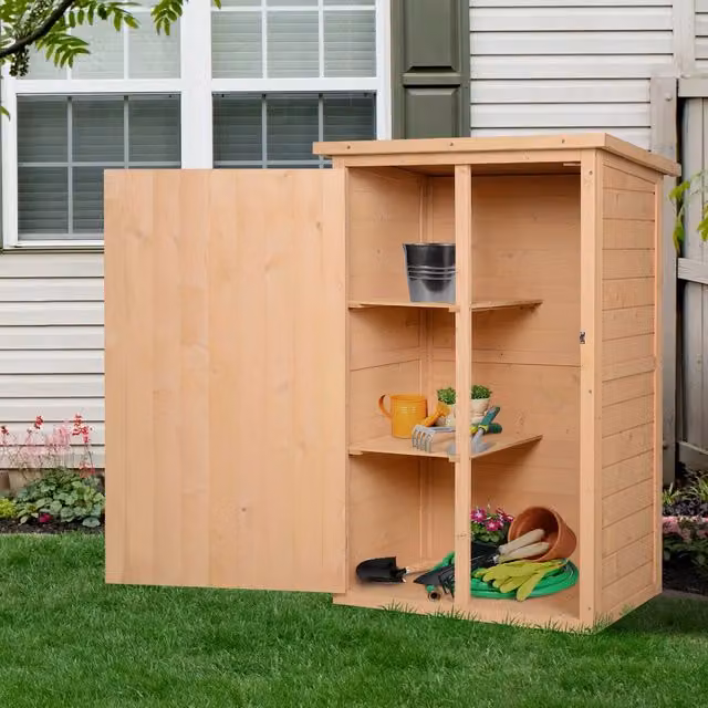 Outsunny Rustic Brown Pent Garden Shed with Shelving in Lacquered Fir Wood