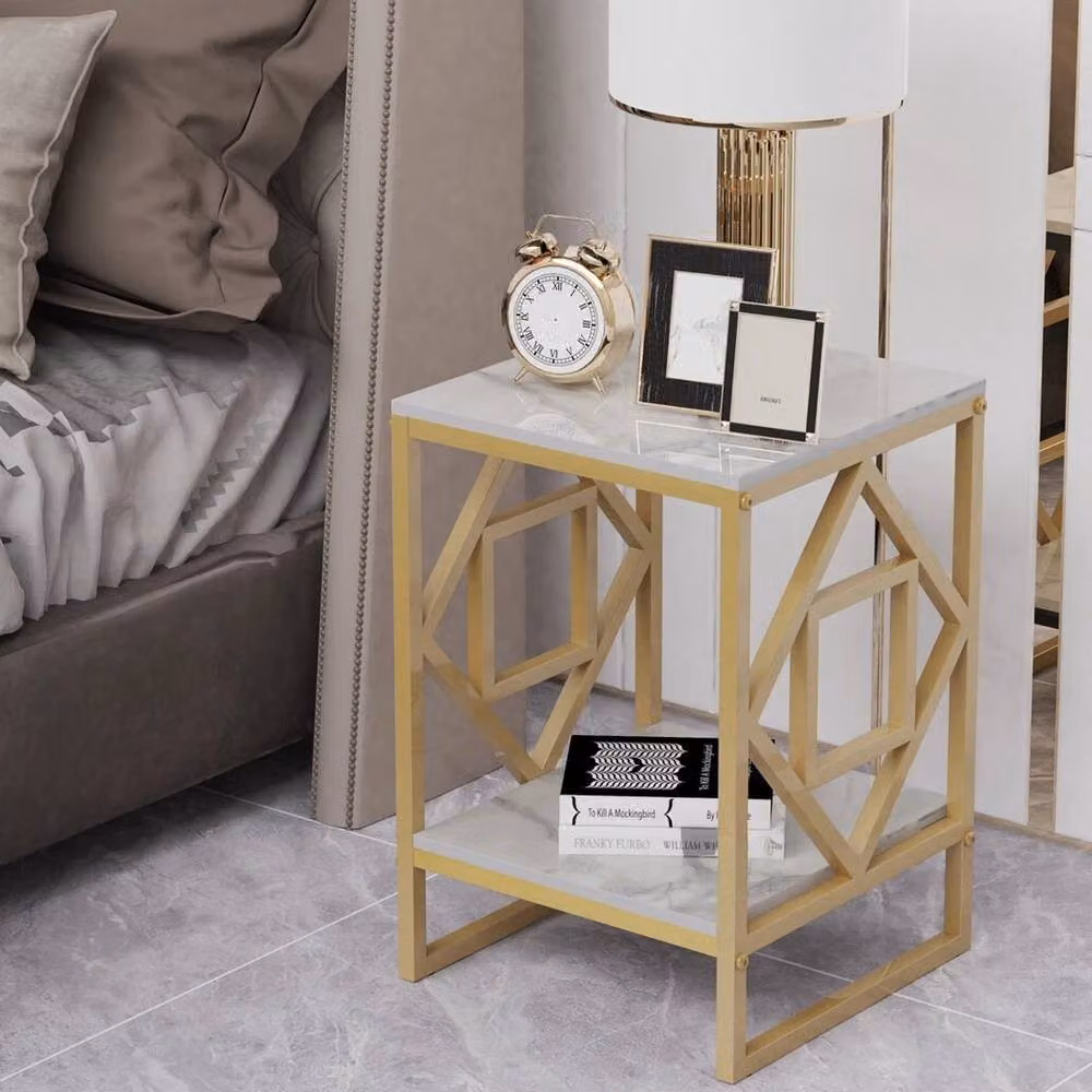 KORVIXA Square Marble Coffee Side End Table with White Iron Frame – 3