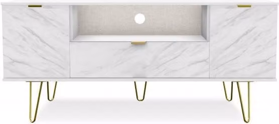 Welcome Hong Kong Modern Abstract White 2 Door 1 Drawer Wide TV Cabinet with Gold Hairpin Legs