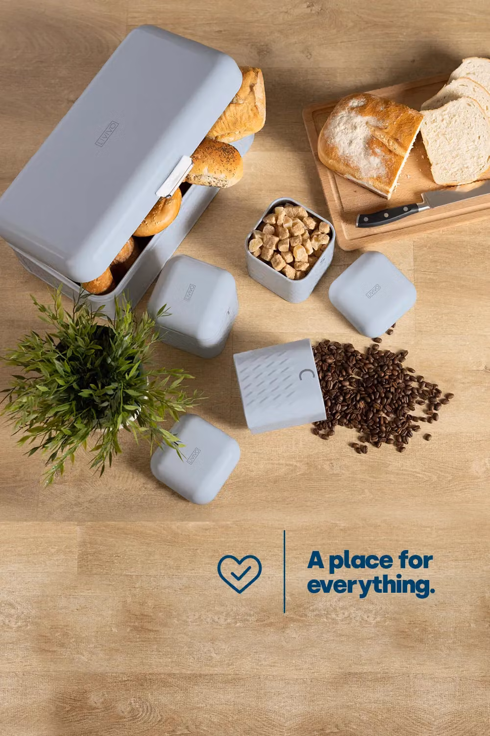 LIVIVO Taurus 4pc Kitchen Storage Set with Airtight Bread Bin and Canisters for Tea, Coffee and Sugar in Grey – 2