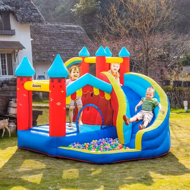 Outsunny 4-in-1 Castle Slide, Pool and Ball Pit with Blower in Blue and Multicolour