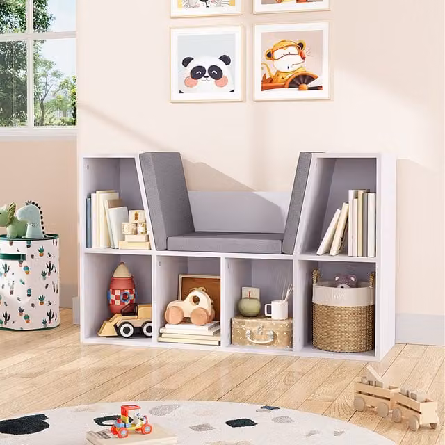 Komore White Kids Bookcase with Reading Seat and Back Panel