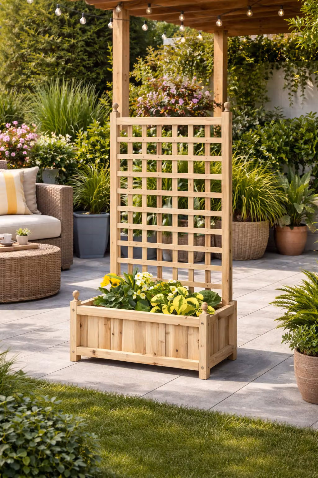 Outsunny Wooden Raised Bed Planter with Trellis for Climbing Vines, Brown, W: 58 cm, D: 21.5 cm, H: 15 cm – 2