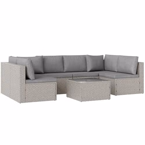 Outsunny 7 Piece Grey Rattan Garden Furniture Set with Upholstered Cushions and Coffee Table for 6 Adults