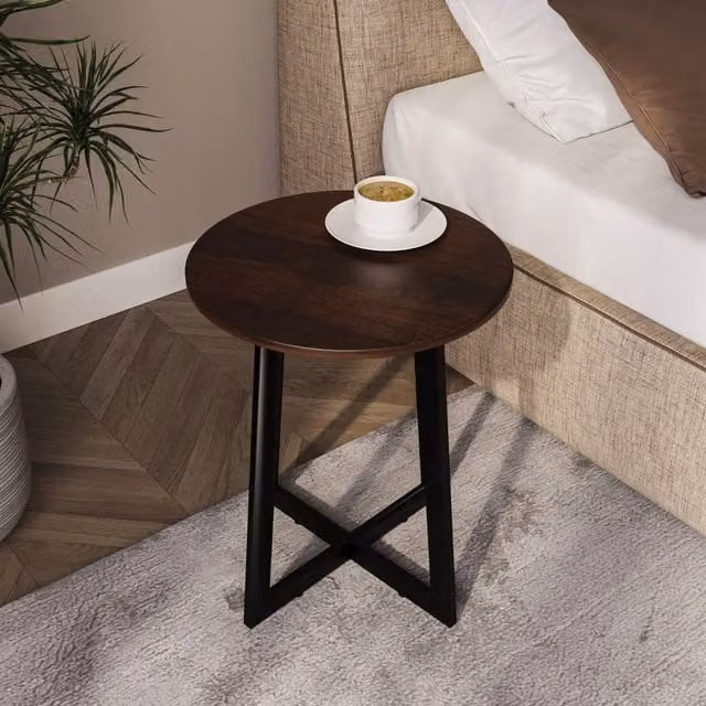 Havendro Round Dark Walnut Look Coffee Table with Steel Frame in Brown, W/D/H: 50 x 40 x 40 cm – 1