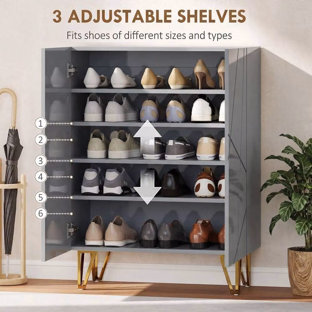 KORVIXA Narrow Glossy Grey Shoe Storage Cabinet with Soft-Close Hinged Doors – 3