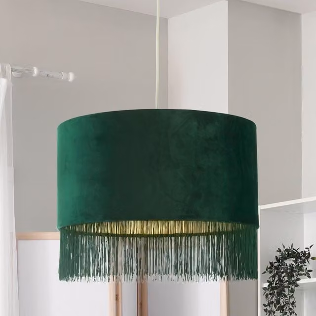 Lighting Collection Vintage Green Velvet Fringe Cylinder Lamp Shade
