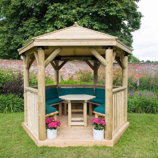 Forest Green Hexagonal Garden Gazebo with Pine and Steel Frame, 3 Metre