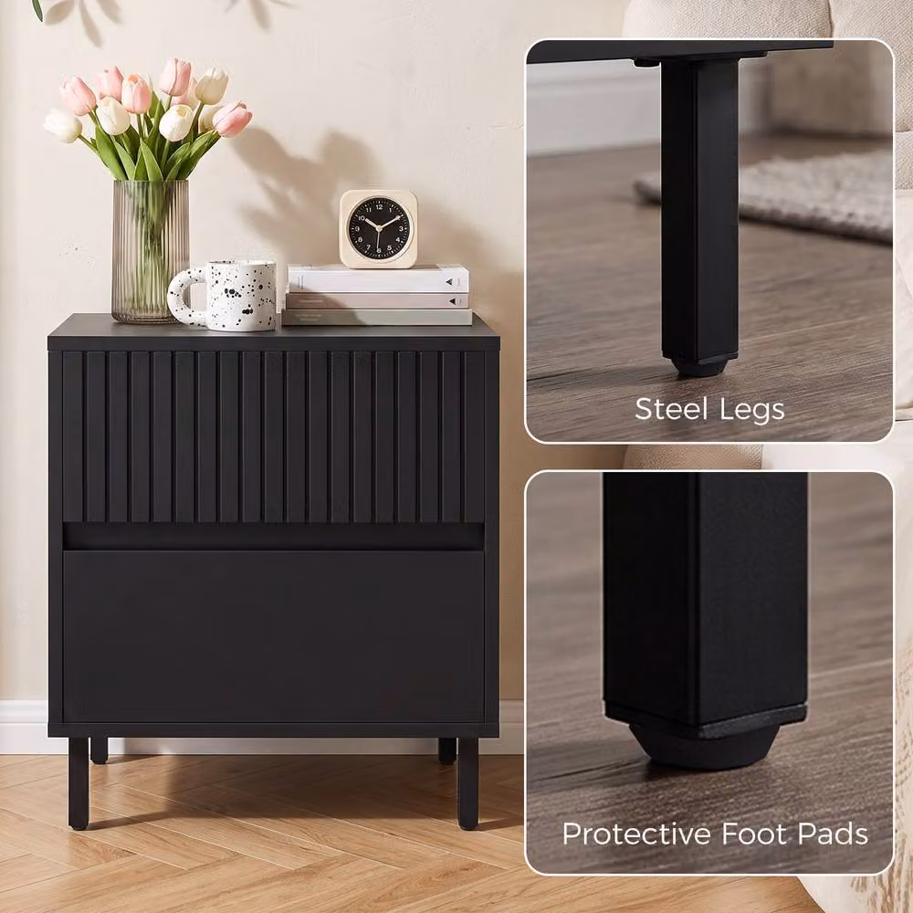 HOMCOM Modern Black Bedside Cabinet with 2 Drawers and Metal Legs – 4