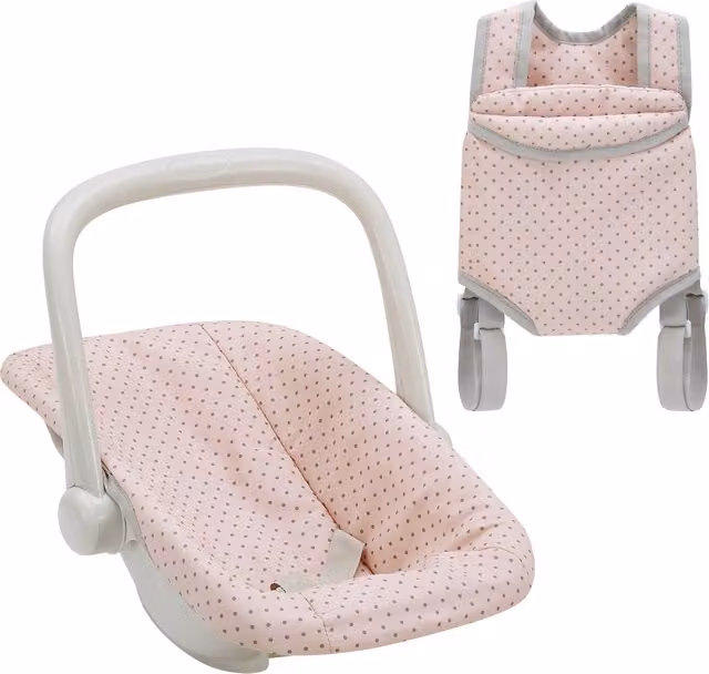 Teamson Kids Polka Dot Princess Baby Doll Carrier and Car Seat Set in Pink and Grey