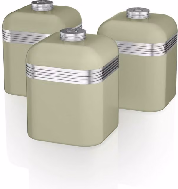 Swan Retro Set of 3 Airtight Metal Canisters in Black and Green